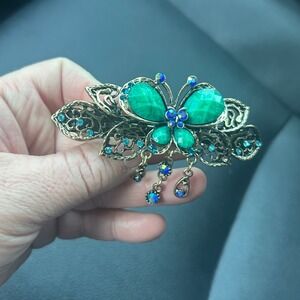 Vintage Green Butterfly Hair Barrette Antique Gold Filigree Clip jewel Rhines